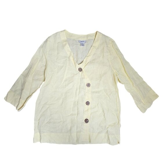 Neiman Marcus Exclusive 100% Linen Blouse Top Asymmetric Wooden Buttons Womens M - Picture 1 of 8